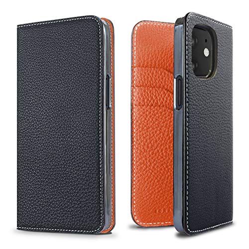 BONAVENTURA Diary Smartphone Hülle geeignet für iPhone 12 Mini, Lederhülle aus echtem Premium Leder, Navy & Orange von BONAVENTURA