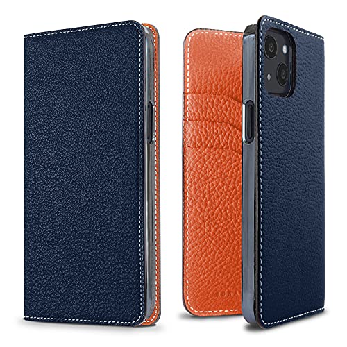 BONAVENTURA Diary Smartphone Hülle geeignet für iPhone 13, Lederhülle aus echtem Premium Leder, Navy & Orange von BONAVENTURA