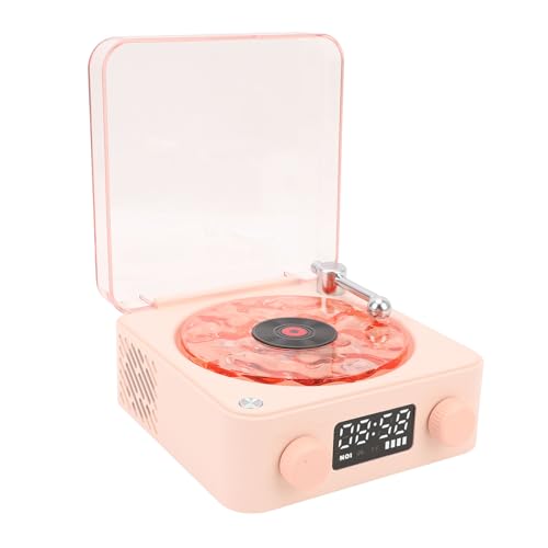 BONKZEBU Vintage -Plattenspieler -Lautsprecher, Crystal Clear Stereo Sound Wireless Lautsprecher, Soft Night Light Record Player, mit Uhr und Weiches Nachtlicht für Heimschlafzimmer (Rosa) von BONKZEBU