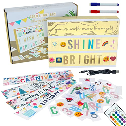 Light Box Shiny Gold A4 16 Farben mit 400 Buchstaben und Emojis, 10 Premium Karten, Fernbedienung, 2 Stifte - BONNYCO | Ä Ö Ü ß | Lichtbox Led mit Buchstaben, Geschenke für Frauen and Mädchen von BONNYCO