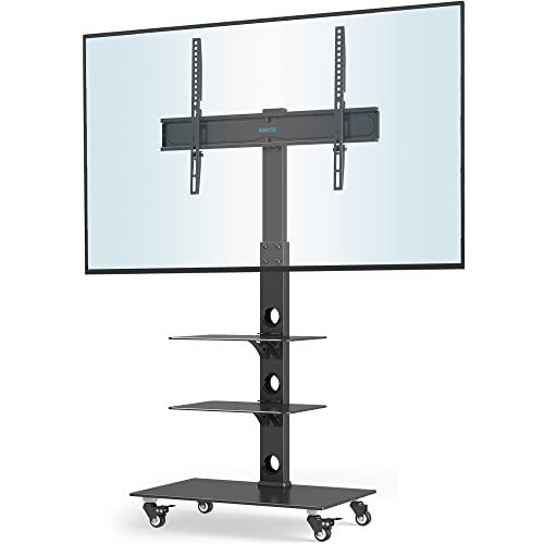 BONTEC TV-Ständer mit Rollen für 30-70 Zoll Plasma-/LCD-/LED-Bildschirme bis 40 kg, 6 Höhenverstellungen mit 3-stufigen Ablagen aus gehärtetem Glas, MAX VESA 600 x 400 mm von BONTEC
