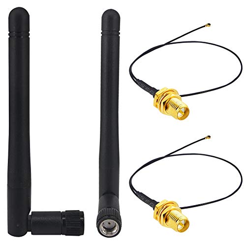 BOOBRIE 2 x 2,4 GHz 2 Dbi RP SMA Stecker Antenne des omnidirektionalen WLAN-Signals im B/G/N-Band + WLAN-Kabel 2 x 25 cm IPX IPEX MHF4 M.2 NGFF U.FL auf RP SMA-Buchse (Pin) Aufgerolltes WLAN-Kabel von BOOBRIE