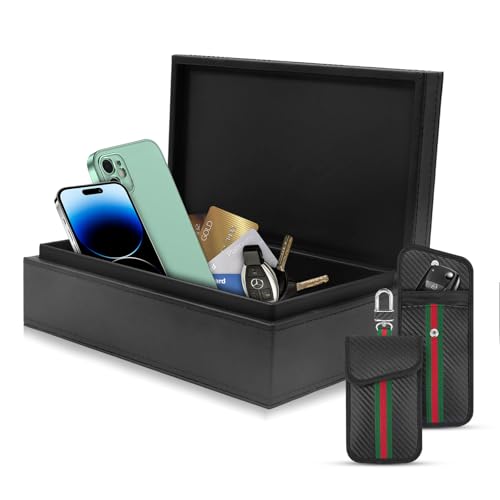 Faraday Box für Autoschlüssel (schwarz) - Premium Crazy Horse Leder RFID-Signalblockierende Hülle mit 2 Kohlefaser-Faraday-Taschen, Anti-Diebstahl-Schlüsselanhänger Schutz für Handys und Karten von BOODPET