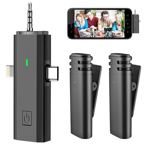 BORDEAG 2 Stück Mini Wireless Lavalier Mikrofon, 3 in 1 Mini Mikrofon, Mikrofon Wireless, Wireless Ansteckmikrofon mit Rauschunterdrückung für Videoaufnahmen, Live-Dampf, Interview von BORDEAG