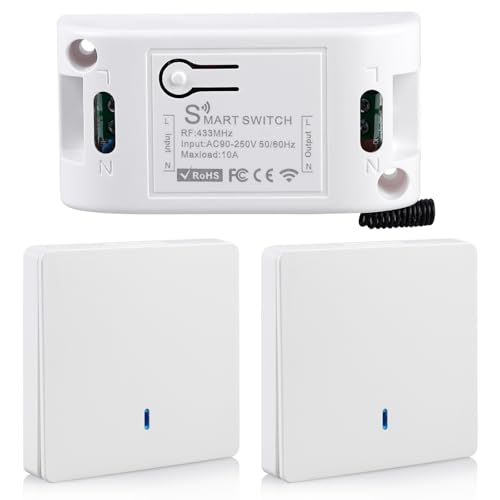 BORDEAG Funkschalter Licht Set, Funk Lichtschalter Set Wireless Lichtschalter Mit 1 Empfänger 2 Schalter, Batterieloser Schalter Drahtlos Kinetischer Keine Verkabelung Erforderlich Wandschalter von BORDEAG