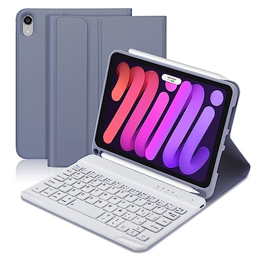 BORIYUAN iPad Mini 6 Tastaturhülle 2021, abnehmbare kabellose Bluetooth-Tastatur, schlankes Folio-Smart-Cover mit eingebautem Stifthalter, für iPad Mini 6. Generation 8,3 Zoll, Lavendel von BORIYUAN