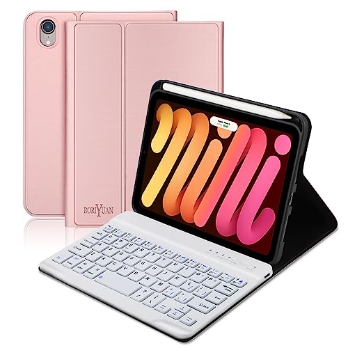 BORIYUAN iPad Mini 6 Tastaturhülle 2021, abnehmbare kabellose Bluetooth-Tastatur, schlankes Folio-Smart-Cover mit eingebautem Stifthalter für iPad Mini 6. Generation 8,3 Zoll - Roségold von BORIYUAN