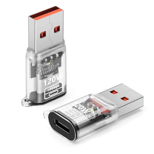 BORLTER CLAMP USB A auf USB C Adapter Stecker auf Buchse, 120W Schnellladung & 10Gbps Übertragung, Transparenter OTG Adapter mit Blauer LED für Laptop, MacBook, U Disk, Festplatte 2 Pack, Transparent von BORLTER CLAMP