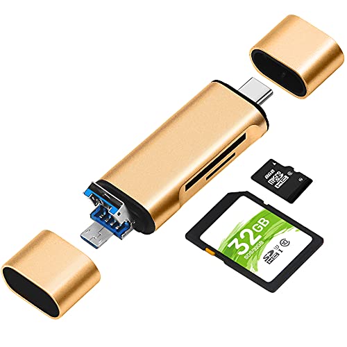 SD/Micro SD Kartenleser, BorlterClamp Speicherkartenleser 3-in-1 Kartenlesegerät mit USB C MicroUSB OTG Adapter Kompatibel mit PC, Laptop, MacBook, Tablet, Smartphone (Golden) von BORLTER CLAMP