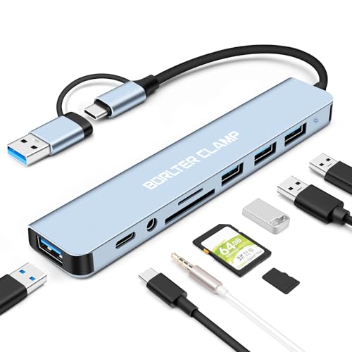 USB-3.0-Hub, 8-in-1 Typ-C-Adapter mit 4 Typ-A-Anschlüssen, SD-Kartenleser und Audio-Adapter mit 3,5-mm-Klinke, USB-Extender für Maus, Tastatur, Flash-Laufwerk und Drucker usw. von BORLTER CLAMP