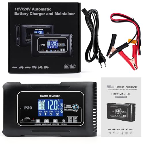 BOROCO 20A Autobatterie Ladegerät, 12V/24V Batterieladegerät KFZ, Batterieladegerät KFZ für Auto, Motorrad Rasenmäher Boot Lithium LiFePO4 und Blei-Säure(AGM Gel MF EFB SLA usw) von BOROCO