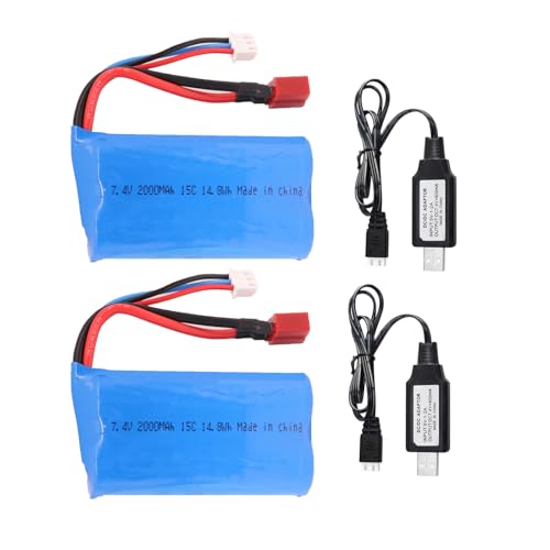 BORSCELLOR 2PCS Lithium-Ionen-Akku 7.4V 2000mAh 15C 2S (mit T-Stecker) Wiederaufladbarer Hochleistungsakku für RC-Cars, RC-Trucks, RC-Boote und RC-Fahrzeuge (mit 2 USB-Ladegeräten) von BORSCELLOR
