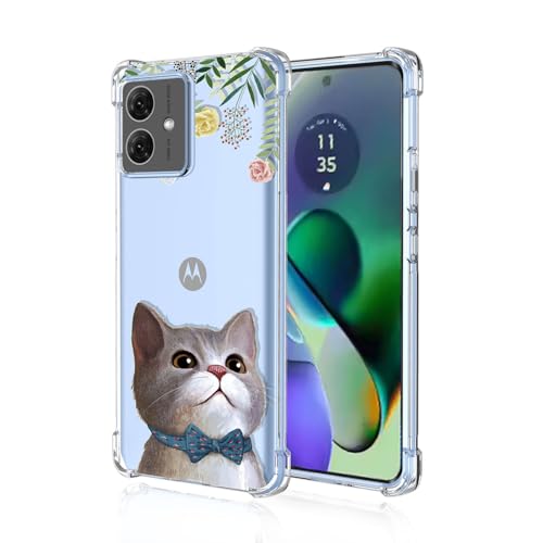 BORYA Hülle für Motorola Moto G54 5G, Stoßfest Weiches Transparent Silikon TPU Bumper Handyhülle Ultra Dünn Seidig Hochwertiges Elegant Schutzhülle, Blumen + Katze von BORYA