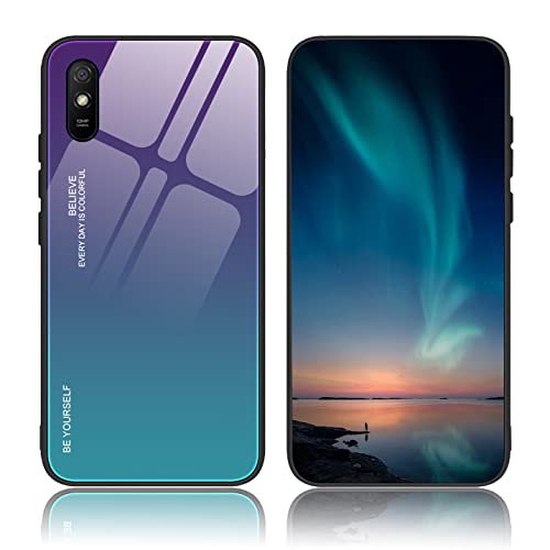 BORYA Hülle für Xiaomi Redmi 9AT/Redmi 9A, Ultra Dünn Weiches Silikon TPU Bumper Stoßfest Handyhülle, Elegant Bunt Gradient 9H Gehärtetes Glas Schutzhülle, Aurora-Blau von BORYA