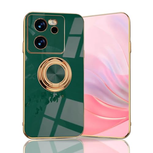 BORYA Ultra Dünn Hülle für Xiaomi 13T 5G/Xiaomi 13T Pro 5G, Stoßfest Handyhülle, TPU Bumper Weiches Silikon Schutzhülle mit Galvanisieren Goldkante 360°Ring Ständer, Dunkel-Grün von BORYA