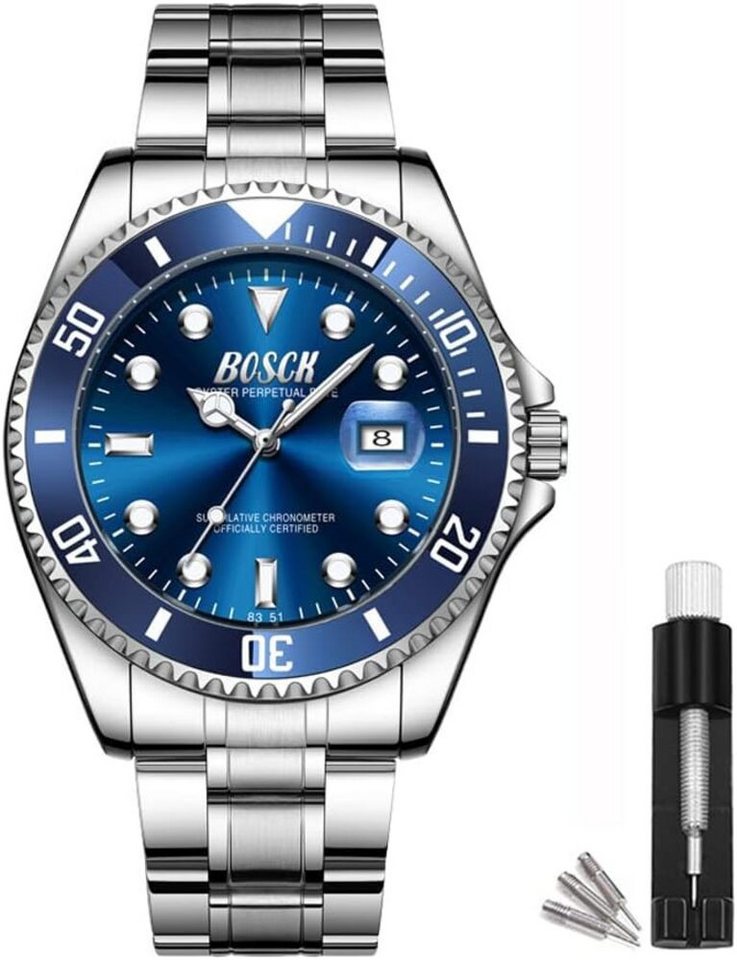 BOSCK Stilvolle Herrenuhr mit Quarzwerk, kratzfestem Glas & Edelstahlarmband Watch, Stilvolle Armbanduhr mit 30 Meter Wasserdichtigkeit von BOSCK