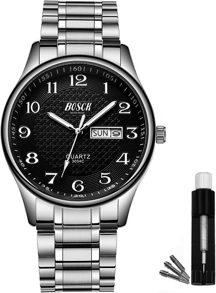 BOSCK Zuverlässige Quarzuhr mit Datums- und Tagesanzeige – einfach ablesbar Watch, Elegante Uhr für Männer mit Mineralglas und Stahlarmband von BOSCK