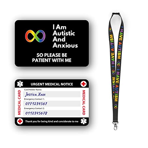 Medizinische Karte, Autismus-Karte mit beschreibbarem Panel und gemustertem Umhängeband, Autismus-Notfall-Kontaktkarte (I'm Autistic and Anxious Card & Autism Lanyard) von BOSPHORUS CARD