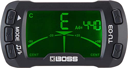 BOSS TU-03 Clip-On Tuner und Metronom; Befestigung an Kopfplatten von Gitarren, Bässen, Ukulelen und weiteren Saiteninstrumenten von BOSS