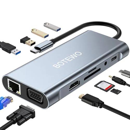 USB C HUB Docking Station: 11-in-1 USB C Adapter mit 4K-HDMI, VGA, USB 3.0 Port, Type C PD, Ethernet RJ45 Port, SD/TF-Kartenles, 3.5mm AUX, USB C Splitter Kompatibel für MacBook Pro/Air von BOTEWO