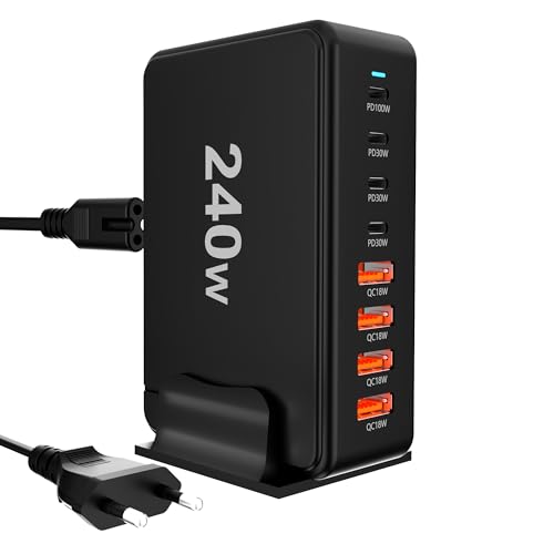 USB C Ladegerät: 240W 8-Port Ladegerät USB Netzteil Adapter, Schnellladegerät PD 3.0 Charger Power Netzteil für MacBook, Laptop, iPhone, iPad(Schwarz) von BOTEWO