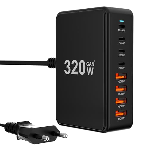 USB C Ladegerät: 320W 8-Port USB Netzteil Adapter Mehrfach Ladegerät mit 4 USB-C und 4 USB-A, Schnellladegerät PD 3.0 Charger Power Netzteil für MacBook, Laptop, iPhone, iPad(Schwarz 2) von BOTEWO