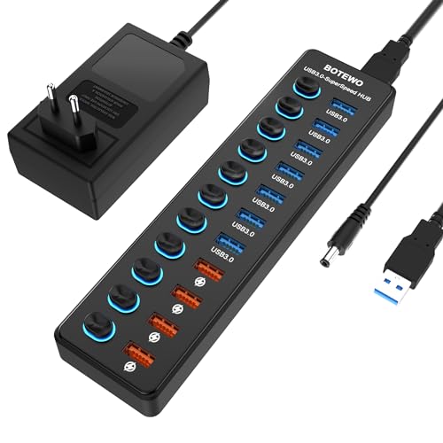 USB Hub Aktiv 3.0 mit Netzteil: USB Splitter mit Schalter und 1.5M Cable - USB Port Verteiler Steckdose, USB Mehrfachstecker, Mehrfach USB Adapter für PC, Laptop, MacBook und mehr von BOTEWO