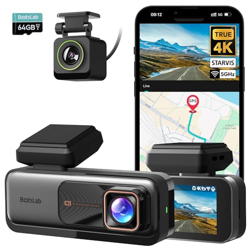 BOTSLAB Dashcam Auto Vorne Hinten, 4K/2,5K Full HD Car Dash Cam, Dual Autokamera mit 64GB SD Karte, ADAS, Nachtsicht, 170°Weitwinkel, WDR, 2,45" IPS-Bildschirm, 24/7 Parküberwachung, 2.4G/5GHz WiFi von BOTSLAB