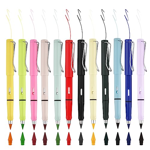 BOXOB 12 Stück Tintenloser Bleistift, Ewiger Bleistift mit Radiergummi Tragbar Wiederverwendbar Unendlicher Stift mit 12 Stück Austauschbaren Spitzen Unbegrenztes Schreiben für Schüler Büro Schule von BOXOB