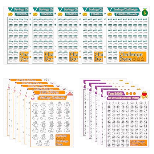 BOXOB 15 Stück Geldspar Challenge Ordner Tracker für 6-Ring-A5-Ordner, Geldsparende Ordnereinlagen Nachfüller Sparchallenge Budgetplaner um 500/5050/10400 $ zu Sparen (3 Challenge-Modelle) von BOXOB