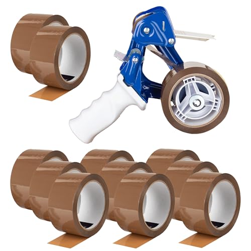 BOXXtape Premium braun 12 Rollen + Profi Handabroller für Klebebänder bis 50 mm Bandbreite | Sicherheitsmesser von [BOXXCO]