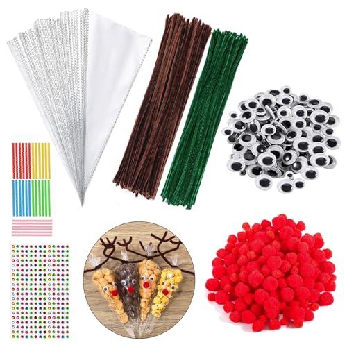 120 Stück Süßigkeiten Tüten, Spitztüten Transparent Cellophantüten Weihnachten Pfeifenputzer Braun und Grün, Wackelaugen Selbstklebend Rote Pompons Edelstein-Aufkleber, für Bonbons Kekse von BOYATONG