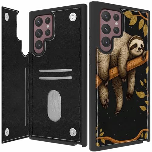 BPQOJB Schutzhülle für Samsung Galaxy S24 Ultra mit Kartenhalter, PU-Leder, magnetische Schnallen, Ständer, Schutz, Handyhülle für Samsung Galaxy S24 Ultra 17,3 cm (6,8 Zoll) 2024 – süßes Faultier von BPQOJB