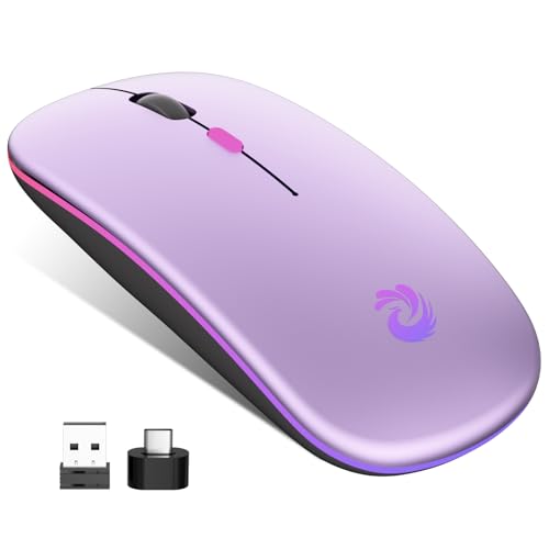 BQSS Maus Kabellos, 2,4 GHz mit USB-Empfänger, 1600 DPI Optical Tracking, Quiet Clicks, Wiederaufladbare LED Mouse für Laptop, PC, Mac, Android, Windows, Office Home(Helles Lila) von BQSS