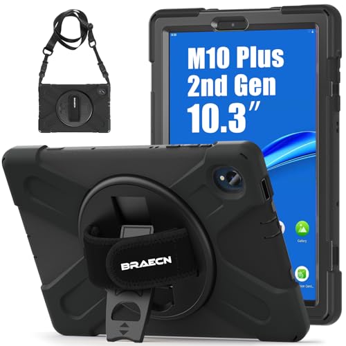 BRAECN Hülle für Lenovo Tab M10 FHD Plus 2. Gen 2020 10.3 Zoll (TB-X606F/X606X)/K10 2021 (TB-X6C6), Robuste Stoßfeste Tragbare Schutzhülle mit 360°Drehbarer Handgurt und Ständer, Schultergurt, Schwarz von BRAECN