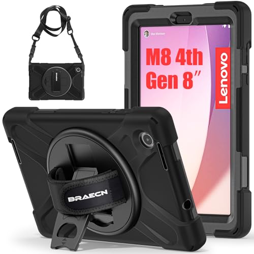 BRAECN für Lenovo Tab M8 Hülle 4th Gen 2023 8 Zoll TB-300FU/TB-300XU, Robuste Stoßfeste Tragbare Schutzhülle mit 360°Drehbarer Handgurt und Ständer, Schultergurt, Schwarz von BRAECN