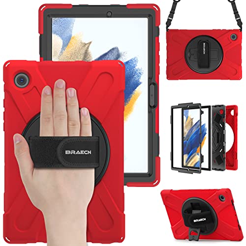 BRAECN Hülle für Samsung Galaxy Tab A8 10.5 Zoll 2022 SM-X200/SM-X205/SM-X207, Stoßfeste Robuste Tragbare Hülle mit 360° Drehbarem Ständer, Handgurt und Schultergurt, Rot von BRAECN