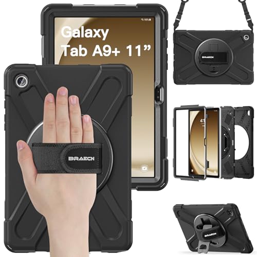 BRAECN Hülle für Samsung Galaxy Tab A9+ 11 Zoll SM-X210/SM-X216/SM-X218, Stoßfeste Robuste Tragbare Schutzhülle mit 360° Drehbarem Ständer, Handgurt und Schultergurt, Schwarz von BRAECN