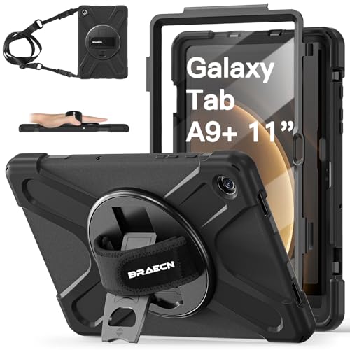 BRAECN Hülle für Samsung Galaxy Tab A9+ 11 Zoll SM-X210/SM-X215/SM-X216, Stoßfeste Robuste Tragbare Schutzhülle mit Displayschutz, 360° Drehbarem Ständer, Handgurt und Schultergurt, Schwarz von BRAECN