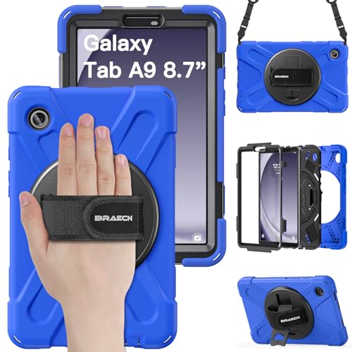 BRAECN Hülle für Samsung Galaxy Tab A9 8.7 Zoll SM-X110/SM-X115/SM-X117, Stoßfeste Robuste Tragbare Schutzhülle mit 360° Drehbarem Ständer, Handgurt und Schultergurt, Blau von BRAECN