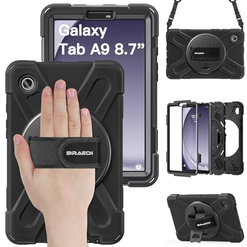 BRAECN Hülle für Samsung Galaxy Tab A9 8.7 Zoll SM-X110/SM-X115/SM-X117, Stoßfeste Robuste Tragbare Schutzhülle mit 360° Drehbarem Ständer, Handgurt und Schultergurt, Schwarz von BRAECN