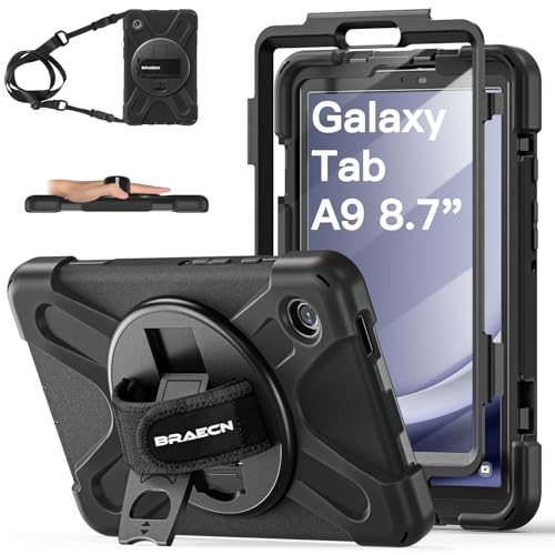 BRAECN Hülle für Samsung Galaxy Tab A9 8.7 Zoll SM-X110/SM-X115/SM-X117, Stoßfeste Robuste Tragbare Schutzhülle mit Displayschutz, 360° Drehbarem Ständer, Handgurt und Schultergurt, Schwarz von BRAECN