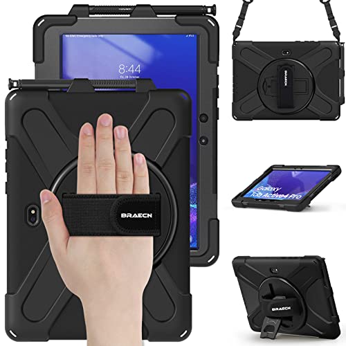 BRAECN Hülle für Samsung Galaxy Tab Active 4 Pro 2022 / Active Pro 2019 10.1 Zoll, Stoßfeste Robuste Schutzhülle mit 360°Drehbarer Ständer und Handgurt, Stifthalterung, Schultergurt, Schwarz von BRAECN