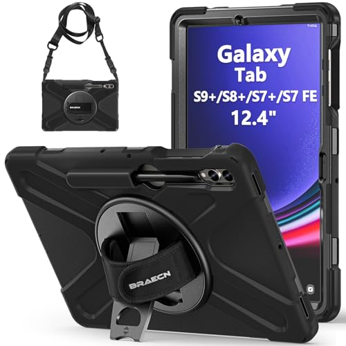 BRAECN Hülle für Samsung Galaxy Tab S9+ / S9 FE+ / S8+ / S7 FE / S7+ 12.4 Zoll, Stoßfeste Robuste Schutzhülle mit Stifthalterung, 360° Drehbar Ständer und Handgurt, Schultergurt, Schwarz von BRAECN