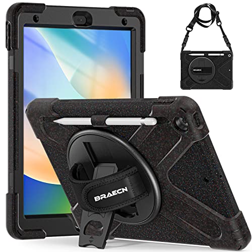 BRAECN Hülle für iPad 9./8./7. Generation 10.2 Zoll, Robuste Stoßfeste Schutzhülle mit Stifthalter, Eingebautem Displayschutz, Ständer und Handgurt, Schultergurt für iPad 10.2 - Sternenlicht Schwarz von BRAECN