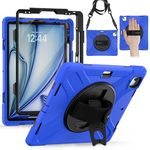 BRAECN Hülle für iPad Air 13 Zoll M3/M2 (2025/2024), Stoßfeste Robuste Tragbare Schutzhülle mit Displayschutz, 360° Drehbare Ständer und Handgurt, Schultergurt, Blau von BRAECN