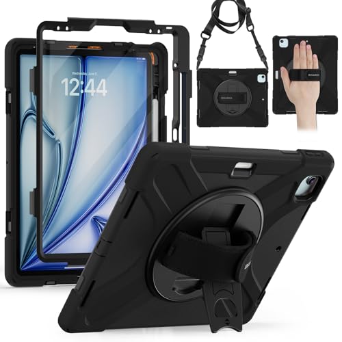 BRAECN für iPad Air 13 Zoll Hülle M3/M2 (2025/2024), Stoßfeste Robuste Tragbare Schutzhülle mit Displayschutz, 360° Drehbare Ständer und Handgurt, Schultergurt, Stifthalter, Schwarz von BRAECN