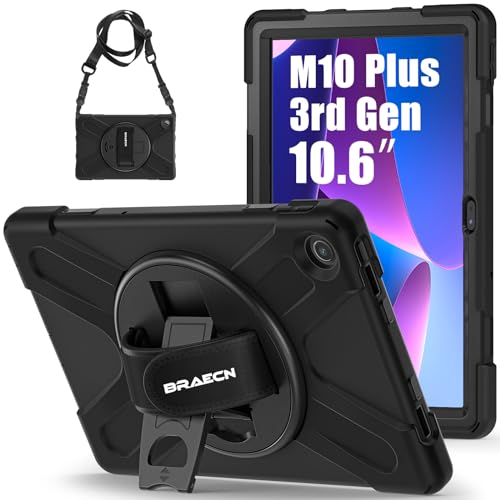 BRAECN Lenovo Tab M10 Plus 3rd Gen Hülle 10.6 Zoll 2K 2022 TB-125F/128F, Robuste Stoßfeste Tragbare Schutzhülle mit 360° Drehbarer Handgurt und Ständer, Schultergurt - Schwarz von BRAECN