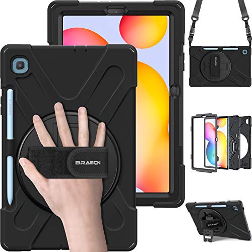 BRAECN Samsung Galaxy Tab S6 Lite Hülle 2024/2022/2020 10.4 Zoll, SM-P620/P625/P613/P619/P610/P615, Robuste Stoßfeste Tragbare Hülle mit 360° Drehbar Ständer und Handgurt, Schultergurt, Schwarz von BRAECN