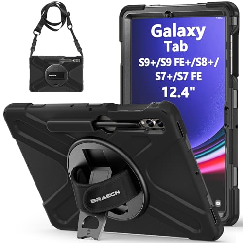 BRAECN Samsung Galaxy Tab S9 FE+/S9+/S8+/S7 FE/S7+ Hülle 12.4 Zoll, Robuste Stoßfeste Schutzhülle mit 360°Drehbarer Handgurt und Ständer, Stifthalter, Schultergurt - Schwarz von BRAECN